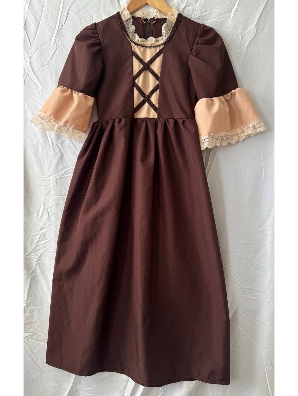 Womens Renaissance Dress S Brown Peasant Costume Puff Sleeve Lace Cottagecore